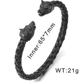 Mens Wolf Head Bracelet Steel Braided Cable Bangle Cuff Bracelet Polished, Adjustable Black-plating Bangle