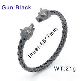 Mens Wolf Head Bracelet Steel Braided Cable Bangle Cuff Bracelet Polished, Adjustable Gun Black-plating Bangle